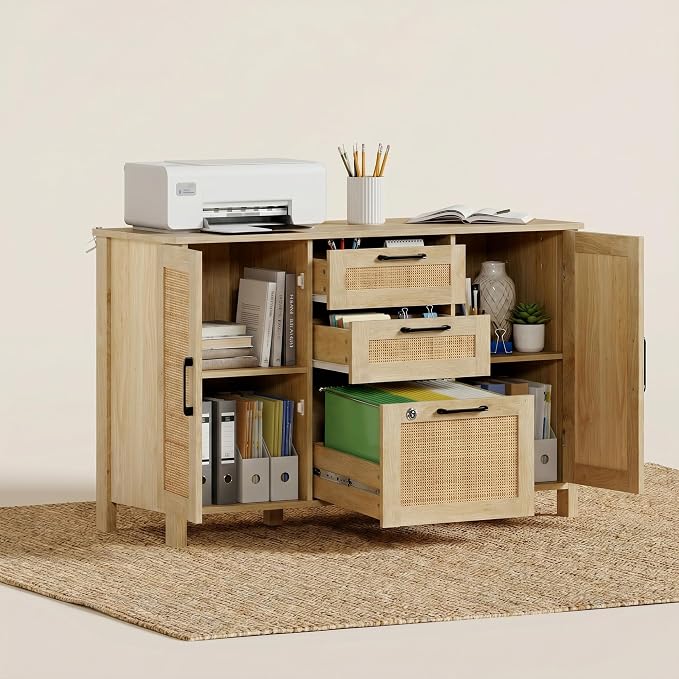 Lateral File Cabinets for Home Office, 3 Drawer and 2 Doors Filing Cabinet with Lock, Wide Rattan Filing Organization Storage Cabinets with Printer Stand for Hanging Files/A4/F4 Size, Natural Wood