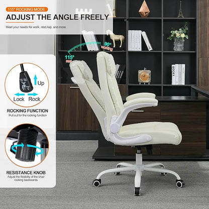 Office Desk Chair,Ergonomic Conference Room Chairs,Mid Back Executive Leather Chair,Comfy Computer Desk Chairs with Adjustable Flip-Up Arms and Rocking Function (Beige)