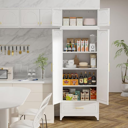 Metal Storage Cabinet with Drawer, 90" Tall Kitchen Pantry Storage Cabinets with Doors and Adjustable Shelves, White Pantry Closet, Steel Large Cupboard, High Leveling Feet- Assembly Required