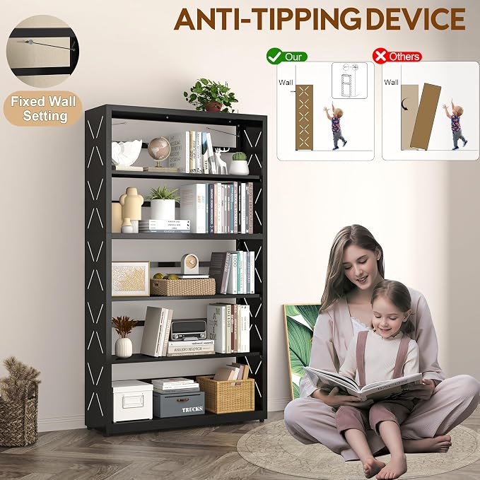 UNICOLY 5 Tier Black Bookshelf, 55" H Tall Bookshelf with 5 Storage Shelves, Heavy Duty Deep Shelves, Open Shelf Bookcase with 5 Bookends, Modern Display Shelves for Books, Toys, CD, W31×D10“