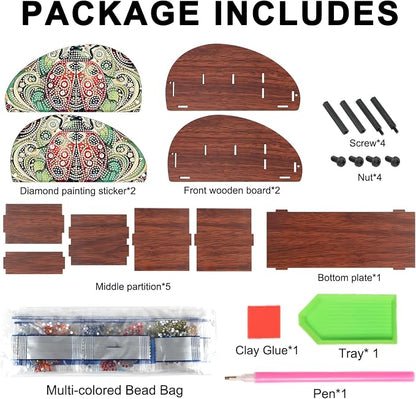 DIY Diamond Painting Storage Box, Red Ladybug Handmade 5D Diamond Art Case Multi-Compartment Wooden Desktop Organizer Holder for TV AC Remotes Makeup Brushes Pens Tabletop Craft Storage