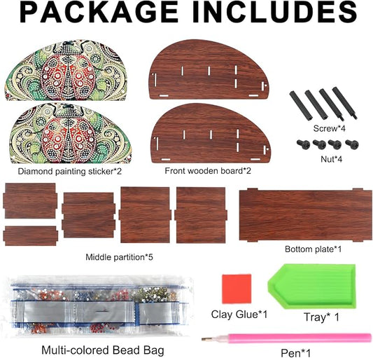 DIY Diamond Painting Storage Box, Red Ladybug Handmade 5D Diamond Art Case Multi-Compartment Wooden Desktop Organizer Holder for TV AC Remotes Makeup Brushes Pens Tabletop Craft Storage