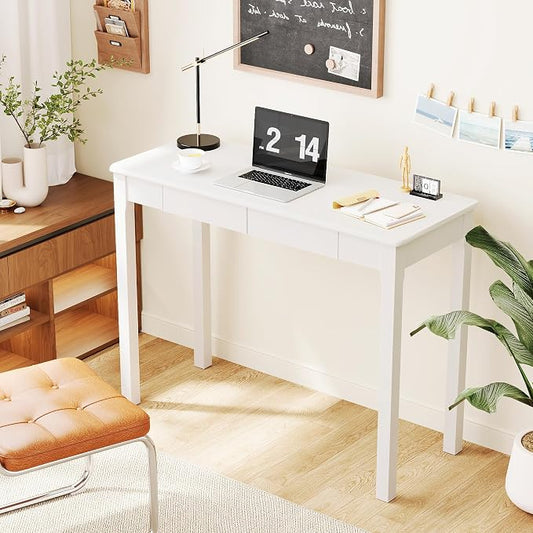 Wood Desk with Drawers - Solid Wood Mid Century Modern Desks for Bedroom, Small Computer Desk for PC, Laptop, Study, Makeup, 39.4 W x 29.5 H x 15.75 D in, White