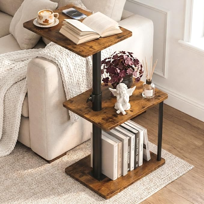 Faesun 360° Swivel Side Table for Height Adjustable, C Shaped End Table for Couch with Storage, 3-Tier Night Stand with Open Shelf, Tv Tray for Small Spaces, Living Room, Bedroom, Rustic Brown