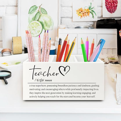Teacher Pen Pencil Holder Organizer for Desk, Teacher Appreciation Gifts, End of the Year Teachers Gifts for Women Men Wooden Box Sign for Office Workplace Classroom Desk Tabletop Decorations