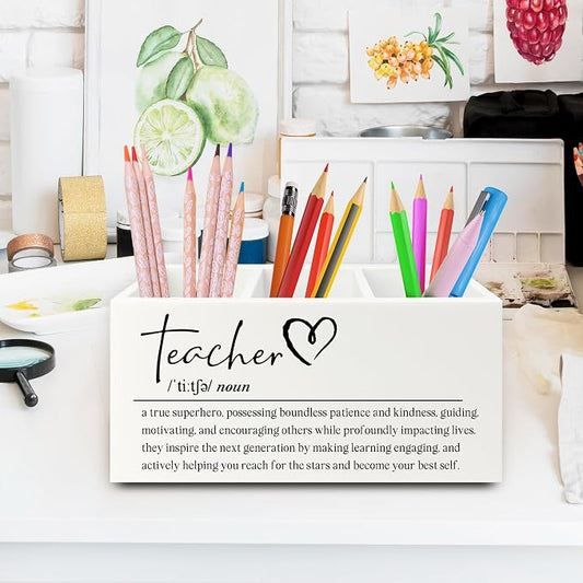 Teacher Pen Pencil Holder Organizer for Desk, Teacher Appreciation Gifts, End of the Year Teachers Gifts for Women Men Wooden Box Sign for Office Workplace Classroom Desk Tabletop Decorations