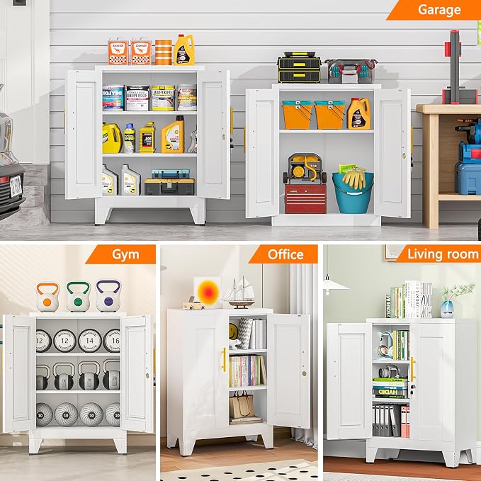 36 Inch Locking Storage Cabinet, 11.8" D x 23.6" W x 35.4" H, Metal Cabinet with 2 Adjustable Shelves, Heavy-Duty Steel Garage Storage Cabinet for Home, Office, Basement, White