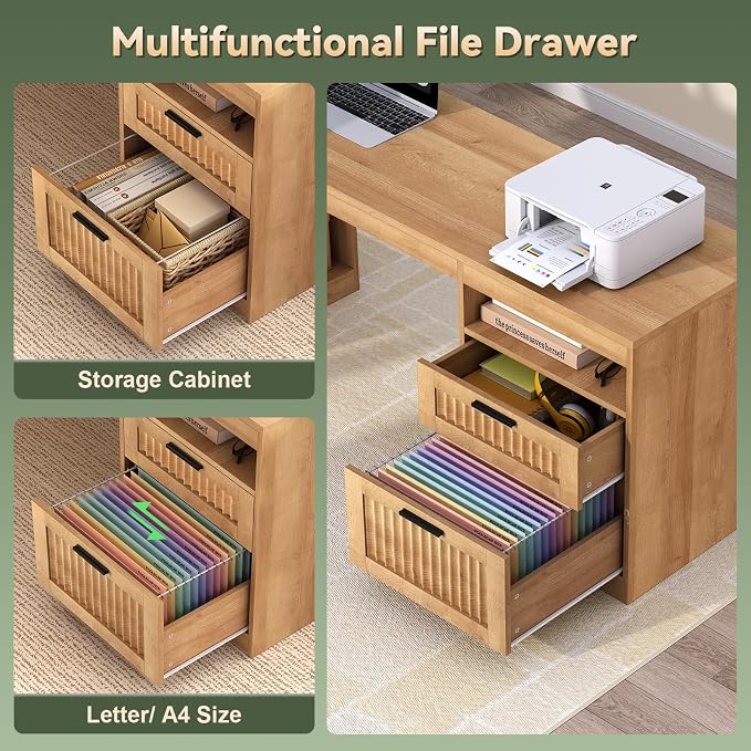 YOMILUVE Fluted L Shaped Standing Desk, 66 inch Corner Electric Standing Desk with Drawers ＆ Storage Shelves, Height Adjustable Computer Desk with Power Outlets for Home Office (Oak)