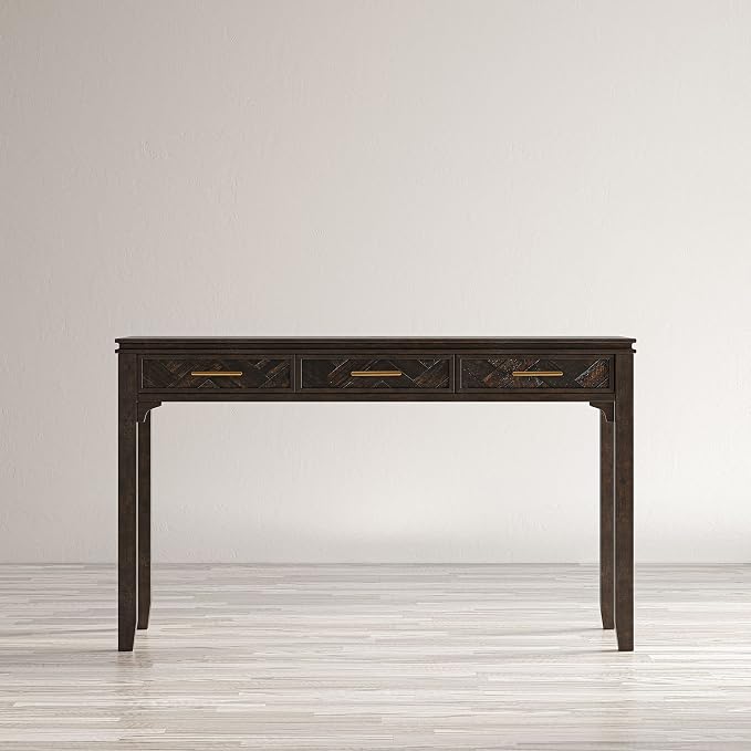 Jofran Mid-Century Modern Acacia Wood Writing Desk with 3 Drawers and USB Charging Port, 48 Inch Computer Desk for Home Office Work, Dark Chevron