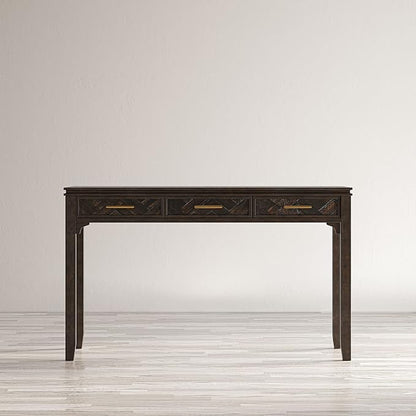 Jofran Mid-Century Modern Acacia Wood Writing Desk with 3 Drawers and USB Charging Port, 48 Inch Computer Desk for Home Office Work, Dark Chevron