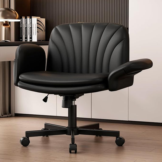 Vonesse Criss Cross Office Chair with Wheels & Armrests, Height Adjustable Vanity Chair, Makeup Chairs with Side Pockets Design, Comfortable Computer Desk Chairs for Home (PU Leather,Black)