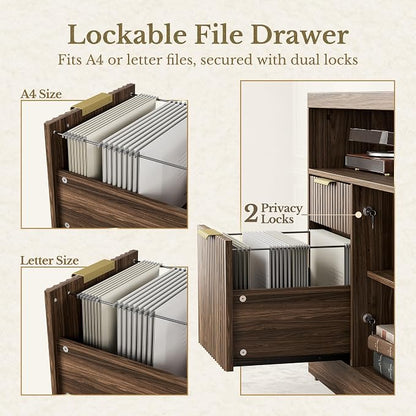 2 Drawer Fluted File Cabinet, 32'' Lateral File Cabinet with Lock and AC/USB for Letter/A4 Size, Wood Filing Cabinet with Storage Shelves for Home Office, Black Walnut