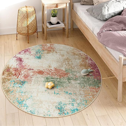 Lahome Modern Abstract Round Rugs for Living Room, 5ft Washable Ultra Thin Round Area Rug Non Slip, Multi Color 5x5 Circle Throw Carpet for Office Bedroom Dining Room Under Table