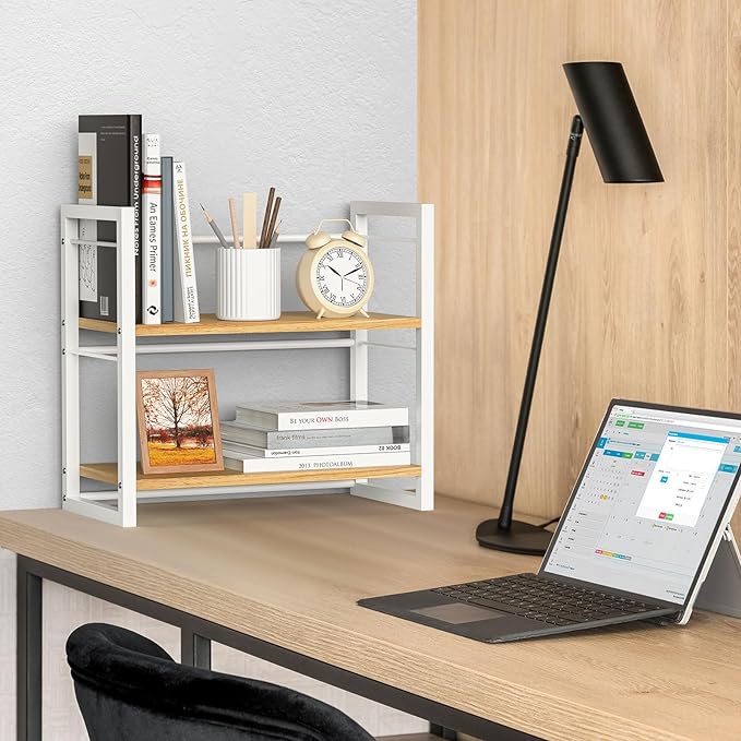 Office Desk Shelf Organizer, Wood Desktop Bookshelf Supplies Storage Rack, Shelf for Top of Desk and Dresser (White-2 Tier)