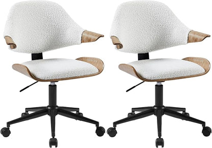 Art Leon Swivel Desk Chairs, Set of 2, Mid Century Modern Office Chairs with Wheels, Boucle Fabric Upholstered Armchairs, Adjustable Height Task Chairs with Metal Base, Washed Oak Bentwood, White