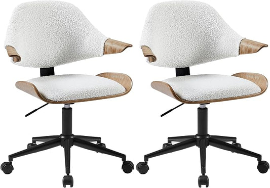 Art Leon Swivel Desk Chairs, Set of 2, Mid Century Modern Office Chairs with Wheels, Boucle Fabric Upholstered Armchairs, Adjustable Height Task Chairs with Metal Base, Washed Oak Bentwood, White