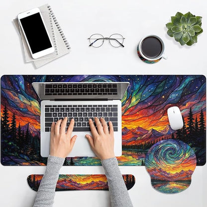 Britimes Mountain Colorful Abstract Keyboard Mouse Pad Set Galaxy Forest 4in1 Large Mousepad+Keyboard Wrist Rest+Mouse Wrist Rest+Coaster Ergonomic Design for Home Office Computer 35.4x15.7 inches