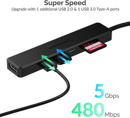 SABRENT Multi-Port USB Type-C Hub with 4K HDMI | Power Delivery (60 Watts) | 1 USB 3.0 Port | 1 USB 2.0 Port | SD/microSD Card Reader (HB-TC6C)