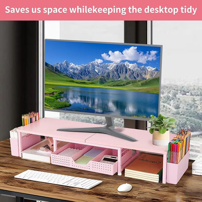 OPNICE Desk Organizers and Accessories, Dual Monitor Stand Riser with Drawer and 2 Pen Holders, Desk Shelf Wood Computer Racks for Office Workspace Organizers, Desktop Organization (Pink Wood)