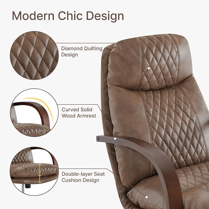 KISLOT Home Office Desk Chair, Ergonomic Office Chair with Lumbar Support, Adjustable Swivel Computer Chair with Wheels, Faux Leather Executive Task Chair with Wood Arms, Set of 2, Brown