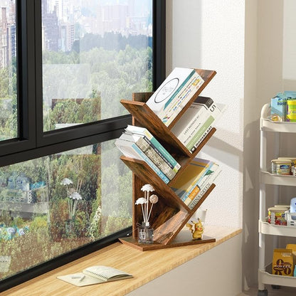 SHEEPAM 5 Tier Tree Book Shelf, Small Desktop Bookshelf with Storage Organizer, Wood Bookcase, Desk Display Bookshelves, Floor Standing Organizer Bookcases for Living Room,Bedroom,Office-Brown