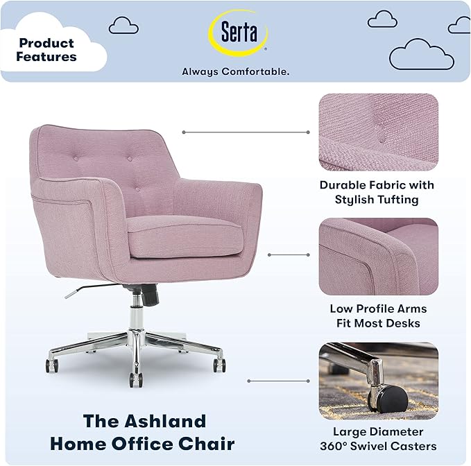 Serta Ashland Home Office Desk Chair with Button Tufted Mid-Back, Memory Foam Cushion and Padded Arms, Mid Century Modern Vanity Armchair with Wheels for Bedroom, Chrome Metal Base, Lilac