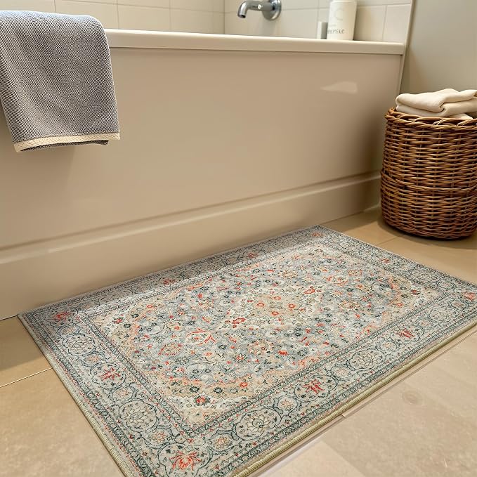 Goideal Washable Entry Rug 2x3, Beige Small Area Rugs Non Slip, Indoor Low Pile Carpet with Rubber Backing for Bathroom Kitchen Entryway Office