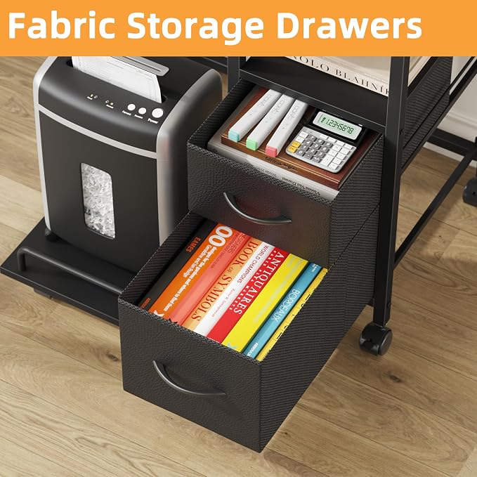 YAOHUOO Printer Stand with Power Outlet/Fabric Drawers, Printer Cabinet with Storage Shelf and Rolling Shredder Stand, Printer Table for Home Office, 22.8"×15" Black