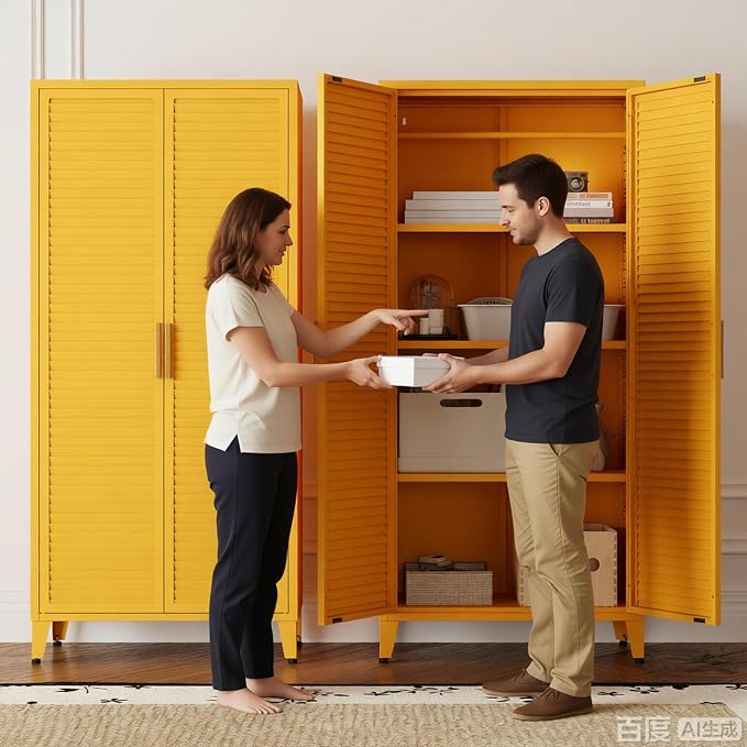 61" Tall Metal Pantry Cabinet with Lock and 3 Adjustable Shelves,Freestanding Heavy Duty Steel Storage Locker,Yellow Metal Cabinets for Kitchen,Living Room,Home 61" H X 27.6" W X 13.8" D