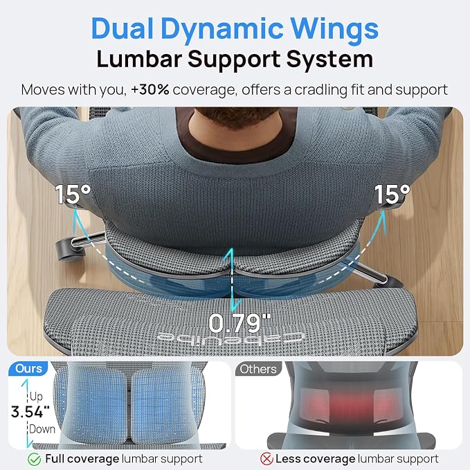 Ergonomic Office Chair with Adaptive Dual-Wing Lumbar Support - Over 10 Hours Sitting Comfortable Mesh Big and Tall Home Desk Chair, 4D Headrest, 630° Armrst, Seat Depth Adjustable