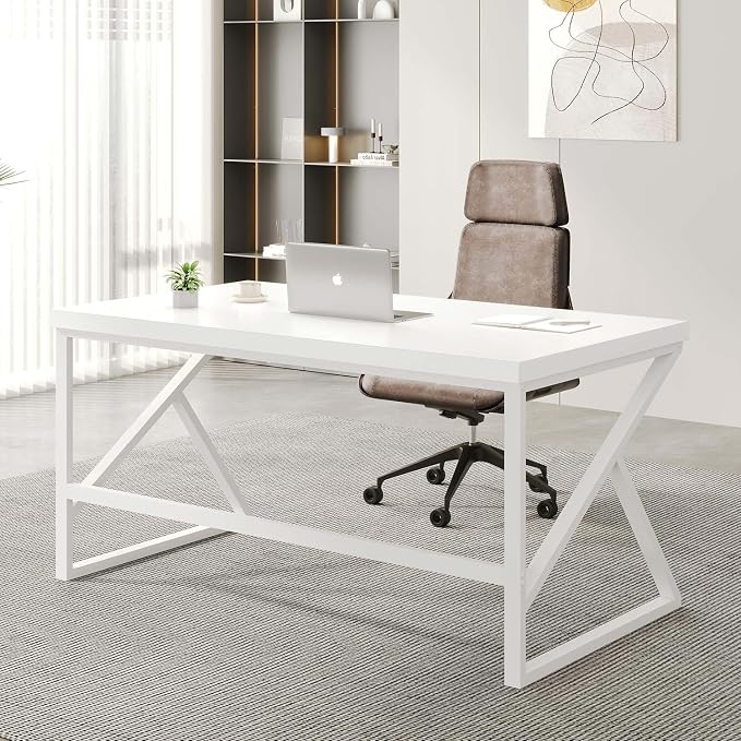 HSH White Computer Desk, Modern Wood Home Office Desk, PC Desk for Executive Work Writing Study Gaming Student Bedroom, Farmhouse Simple Wooden and Metal Computer Table Workstation, White Oak 55 Inch