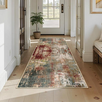 RELEANY Washable Area Rugs 3x7 Non-Slip Modern Abstract Soft for Living Room Entryway Bedroom Kitchen, Print Pattern, Brown Rust Red Green Blue Multi