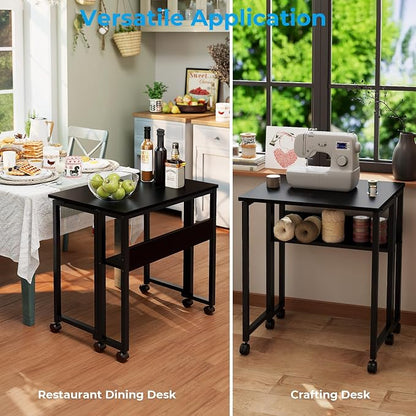 GreenForest Folding Desk with Wheels, 24.8 Inch Compact Rolling Computer Table with Storage Shelf, Portable Mobile Workstation for Small Spaces, Easy Assembly, Black