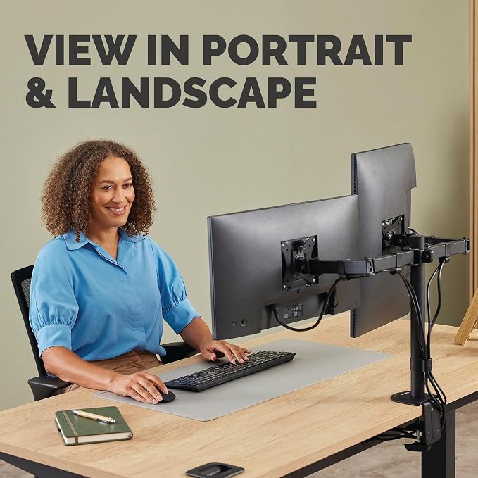 Fellowes Everyday Adjustable Dual Monitor Arm – Holds Two Screens up to 32" (inch) Weighing 19.84 lbs Each, Tilt, Swivel, Rotate, VESA 75/100, Clamp or Grommet Mount, Cable Management