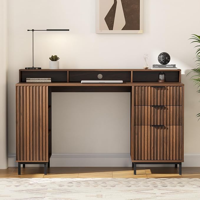 55'' Fluted Executive Desk with Drawers, Modern Home Office Computer Desk with Charging Station, File Drawer, Monitor Stand, Storage Shelf for Work Writing Study, Brown