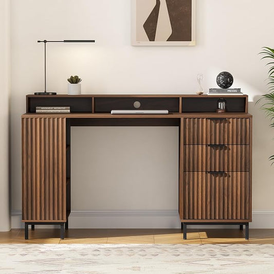 55'' Fluted Executive Desk with Drawers, Modern Home Office Computer Desk with Charging Station, File Drawer, Monitor Stand, Storage Shelf for Work Writing Study, Brown