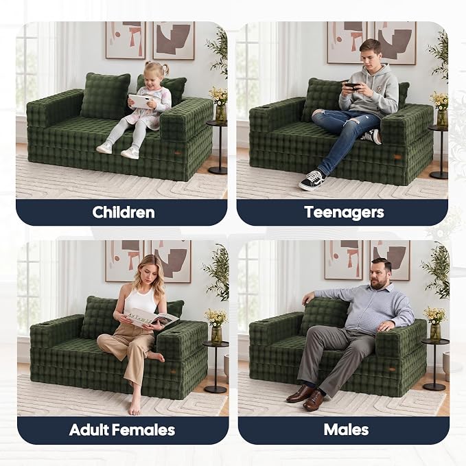 COMAX Futon Sofa Bed, 4‑in‑1 Convertible Sofa Bed, Folding Boneless Couches | Boneless Couch for living room, Fold Out Small Foldable Loveseat Floor Sleeper Mattress Lounge Space‑Saving, Classic Green