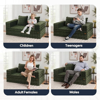 COMAX Futon Sofa Bed, 4‑in‑1 Convertible Sofa Bed, Folding Boneless Couches | Boneless Couch for living room, Fold Out Small Foldable Loveseat Floor Sleeper Mattress Lounge Space‑Saving, Classic Green