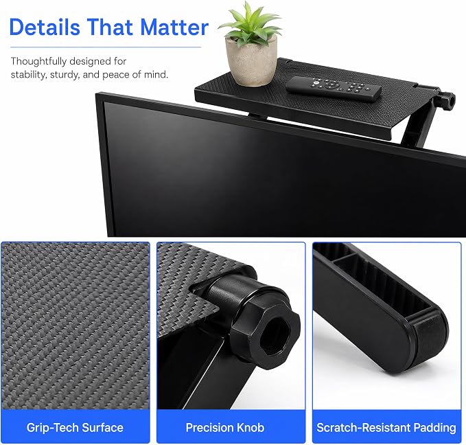 7-Inch Adjustable Screen Top Shelf Organizer for TV Computer Monitor Flat Screen 'TV Mount Top Shelf Used to Place Soundbar Cable Box Speakers Apple TV Play-Station Camera Frames Remote-Black