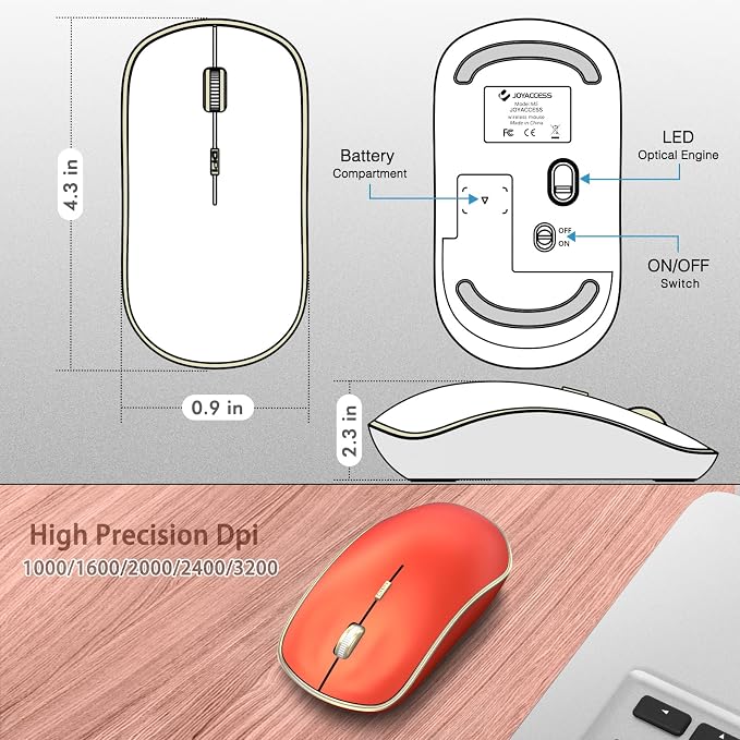 JOYACCESS Wireless Gaming Mouse, Slim Portable USB Mouse for Laptop, Computer, PC (Orange Red)