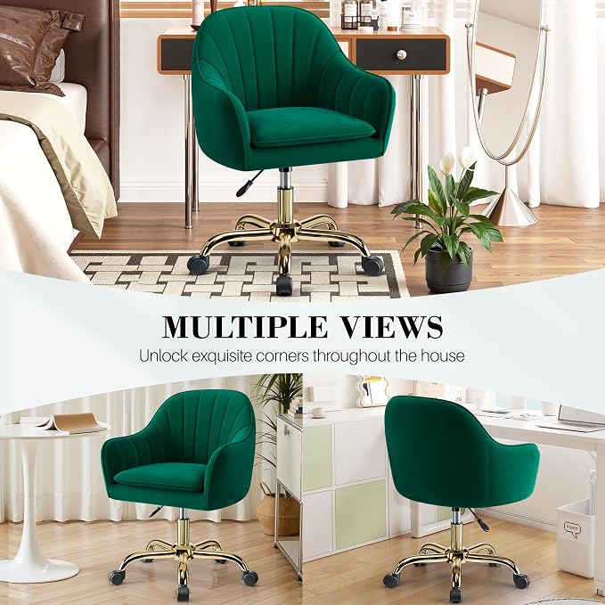 Vanity Chair with Wheels, Comfy Home Office Desk Chairs Adjustable Modern Velvet Makeup Vanity Chairs for Bedroom Living Room-Green
