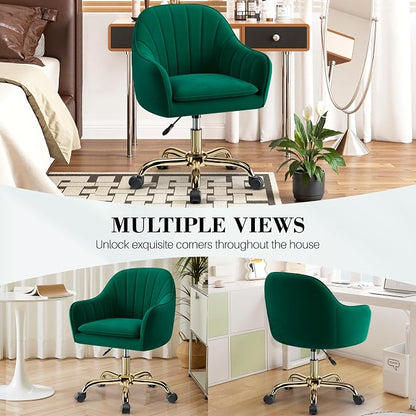 Vanity Chair with Wheels, Comfy Home Office Desk Chairs Adjustable Modern Velvet Makeup Vanity Chairs for Bedroom Living Room-Green
