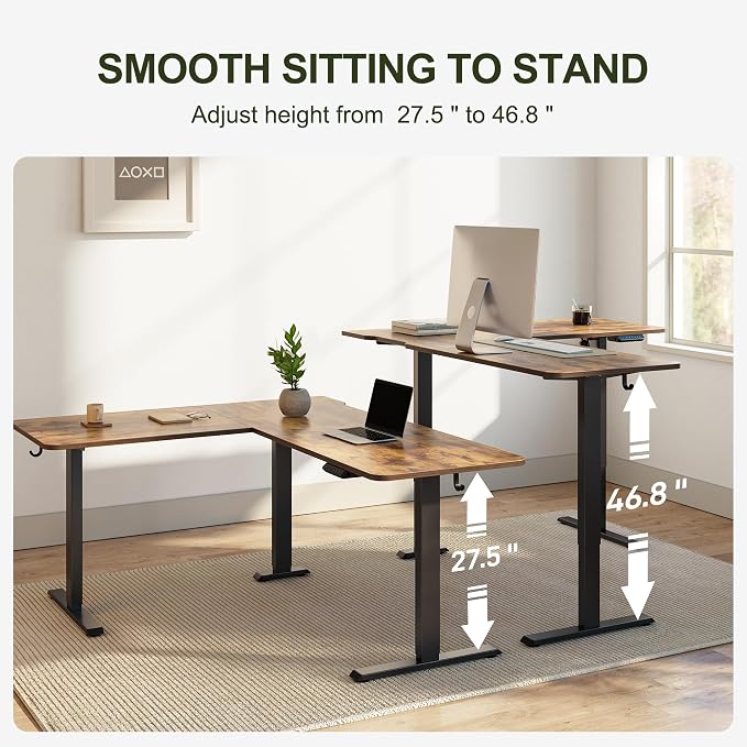 BANTI L-Shaped Standing Desk - 63 x 55 Inch Adjustable Corner Standing Desk with Charging Station - L Shape Sit Stand Table with Memory Controller, Splice Board for Home Office, Rustic Brown