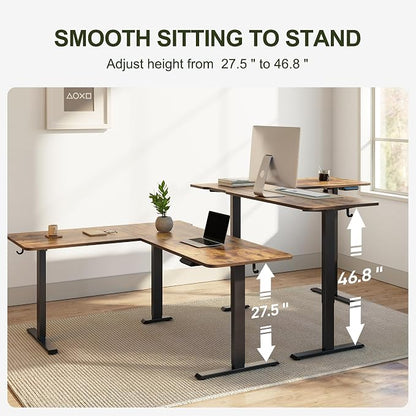 BANTI L-Shaped Standing Desk - 63 x 55 Inch Adjustable Corner Standing Desk with Charging Station - L Shape Sit Stand Table with Memory Controller, Splice Board for Home Office, Rustic Brown
