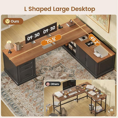 SEDETA Farmhouse L Shaped Desk with Drawers, 70.9" Home Office Desk with Storage Cabinet and Storage Shelves, L Shaped Computer Desk with Power Outlet，Black+Brown