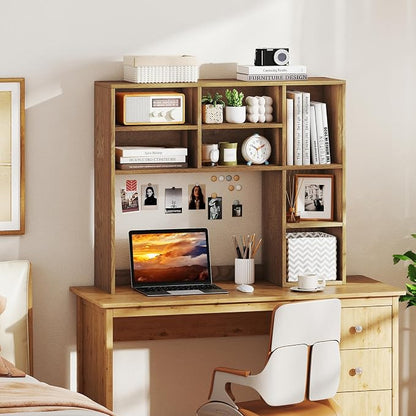 GOFLAME 7 Cubes Desktop Bookshelf, 37” Desk Organizer Shelf with 3 Adjustable Shelves, 3-Tier Wood Countertop Display Rack, Multipurpose Tabletop Desk Hutch for Dorm, Home Office, Natural
