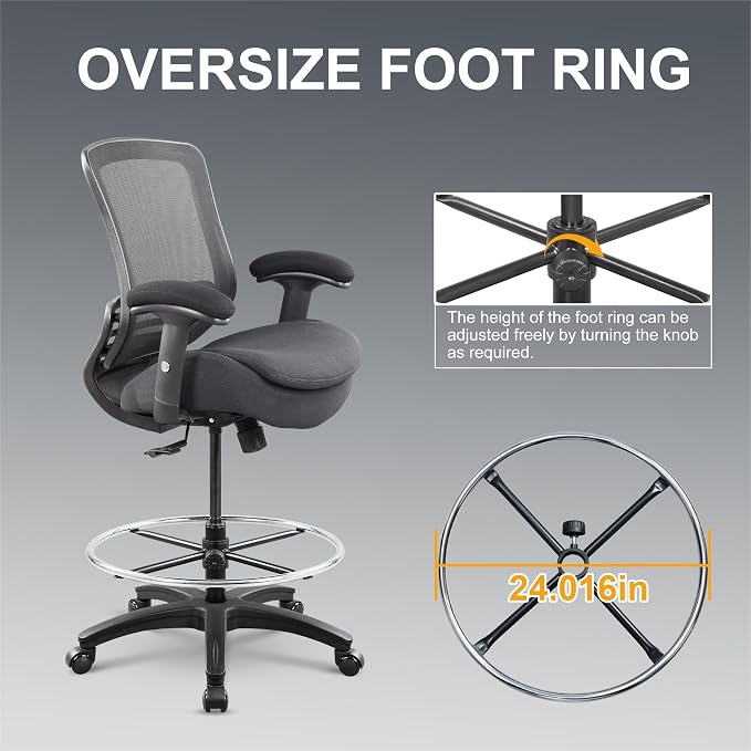 400lbs Office Drafting Chair Wide Dual Seat Cushion for High Standing Desk with Lumbar Support and Enlarged Adjustable Footrest-Black