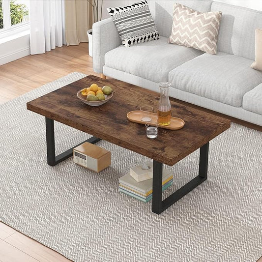 IBF Rustic Coffee Table, Industrial Simple Wooden Living Room Table, Modern Minimalist Farmhouse Rectangle Center Table, Wood and Metal Vintage Tea Coffee Table for Home Bedroom, Rustic Brown, 39 Inch