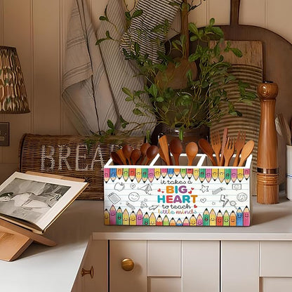 Teacher Pen Pencil Holder for Desk, Teacher Appreciation Gifts, It Takes a Big Heart to Help Shape Little Minds Wooden Box Sign Decorations for Office Classroom Desk Tabletop