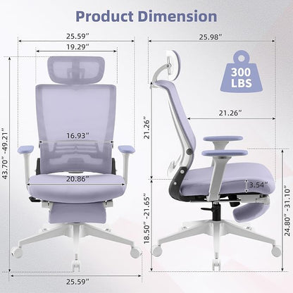 Foldable Office Chair with Foot Rest, Ergonomic Office Chair with Adjustable Lumbar Support, Headrest, Armrest, Home Office Desk Chair for Space Saving, Work from Home, Purple